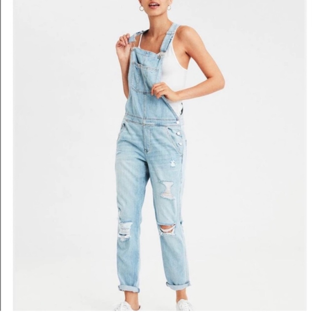American Eagle Tomgirl Denim Overalls Distressed Light Blue XL - Picture 12 of 12
